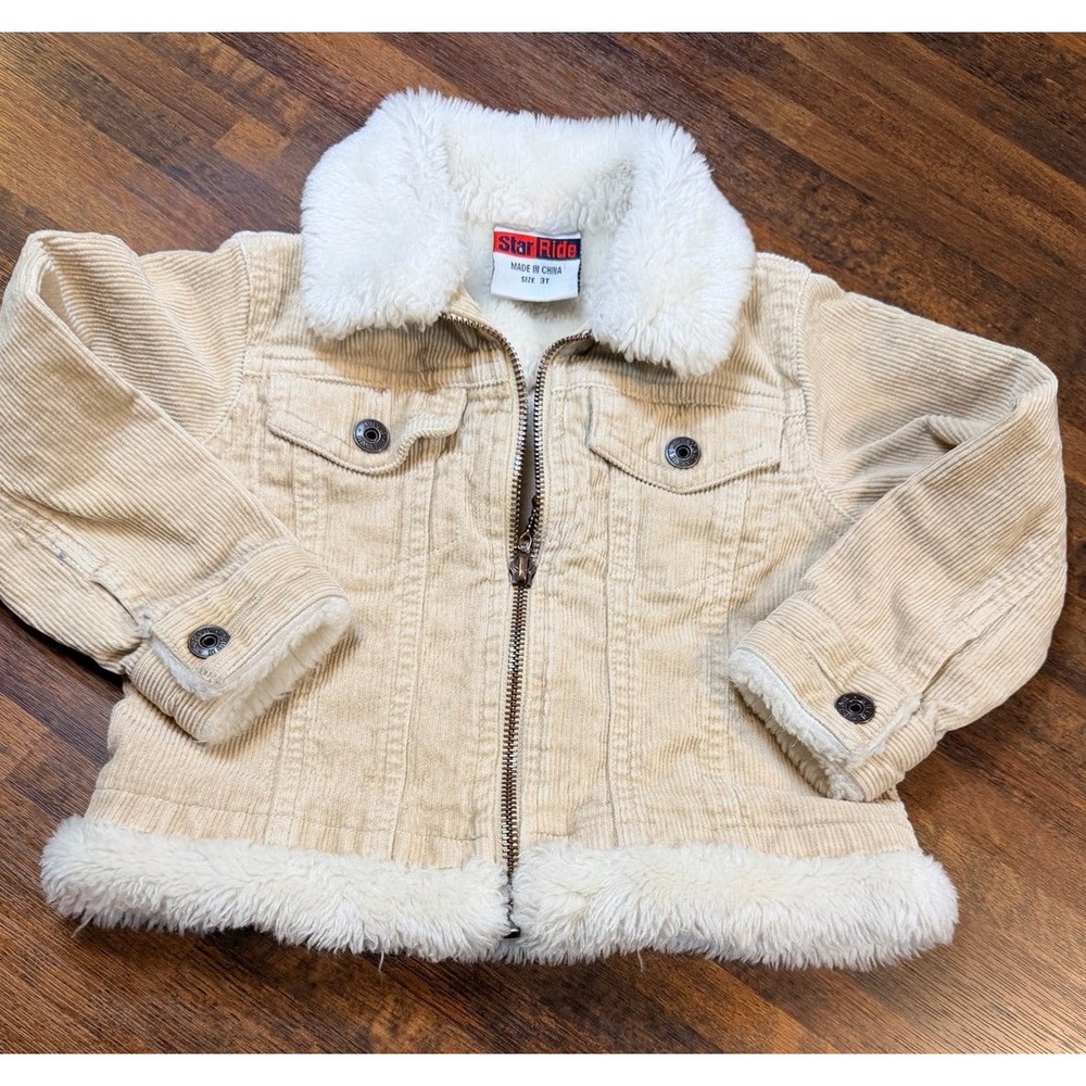 Little girls vintage 90s Y2K corduroy zip up jacket with fix fur collar sz 3T